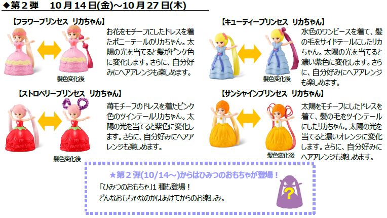 ハッピーセット「リカちゃん」第2弾「フラワープリンセス」「キューティープリンセス」「ストロベリープリンセス」「サンシャインプリンセス 」と「ひみつのおもちゃ」