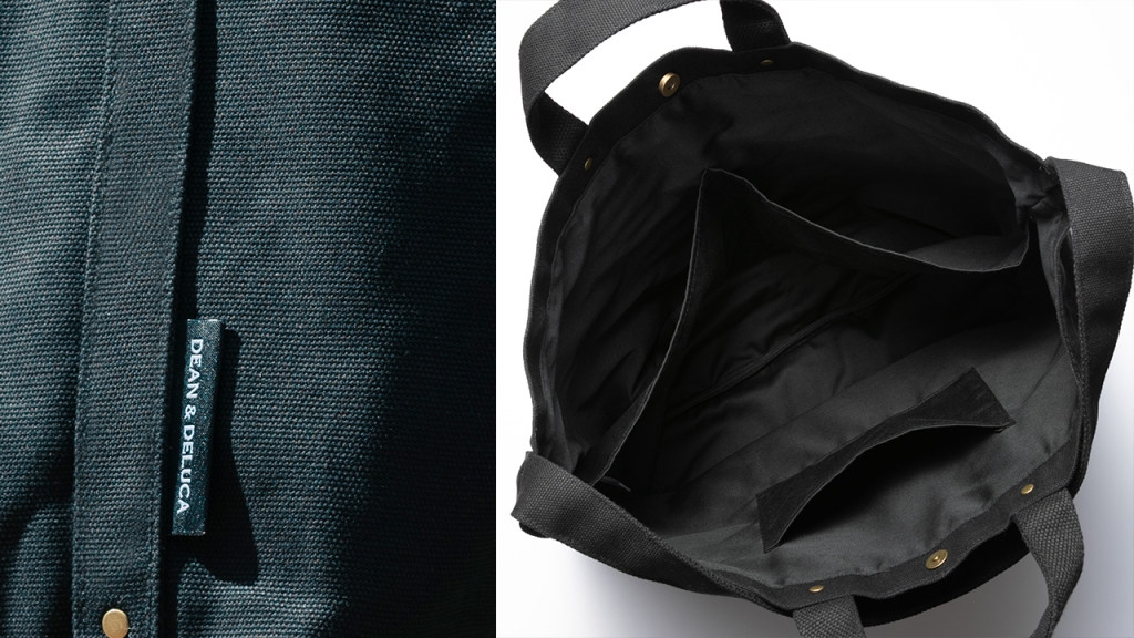 DEAN & DELUCA「コットントートバッグ ブラック」真鍮の鋲とロゴ入りのタグ・3つのポケット