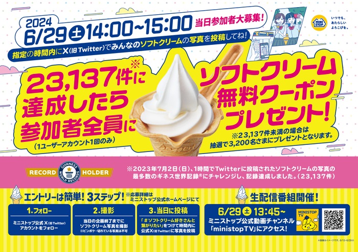 ミニストップ 2万3,137件達成したら参加者全員にソフトクリーム無料クーポンプレゼント