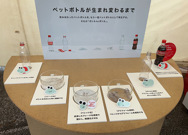 イベント会場で展示された「ペットボトルが生まれ変わるまで」