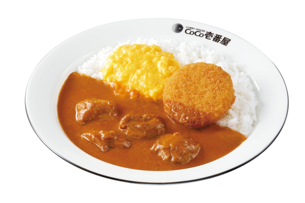 ココイチ「バターチキンカレー」+ハーフスクランブルエッグ+クリームコロッケ(カニ入り)1個