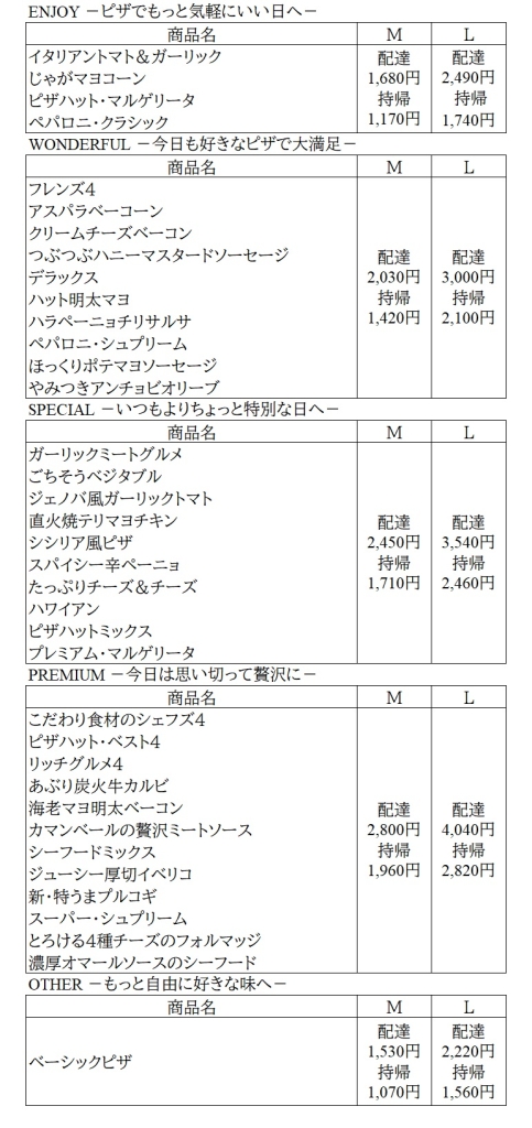 ピザハット 価格改定詳細 ピザ価格表