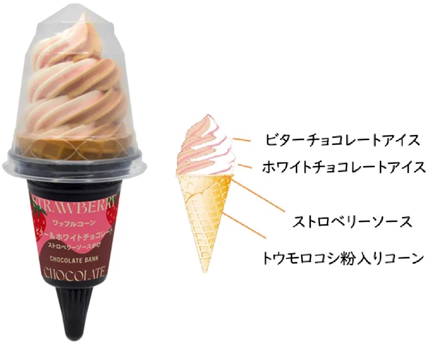 セブンイレブン 「チョコレートバンク ワッフルコーン ビター&ホワイトチョコレート」パッケージと中身説明