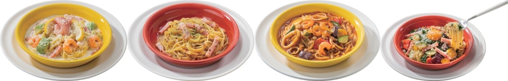 「炙り生ハムと海老アボカドのレモンクリームパスタ」「ペペロンチーノ」「シーフードトマトスープパスタ」「ベーコンとケールのぺぺたま」